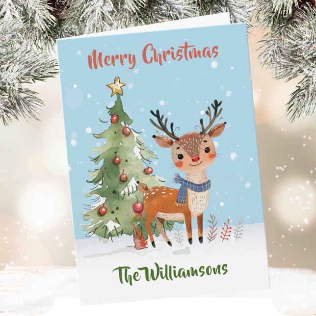 Fun Stylish Watercolor Reindeer Tree  Card (Creator Uploaded)