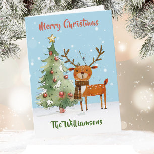 Fun Stylish Watercolor Reindeer Tree  Card