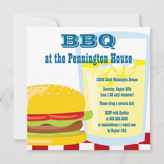 Fun summer BBQ (barbeque) grill party invitation (Front)
