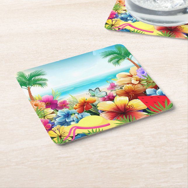 Fun Summer Beach Scene 2 Square Paper Coaster (Angled)