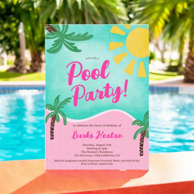 Fun Summer Bright Tropical pool party Sweet 16 Invitation (Fun Summer Bright Tropical pool party Sweet 16 Invitation)