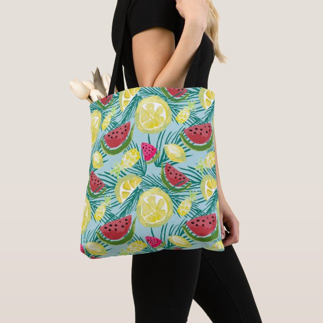 Fun Summer Fruits Watermelon Pineapple Lemons Tote Bag (Close Up)