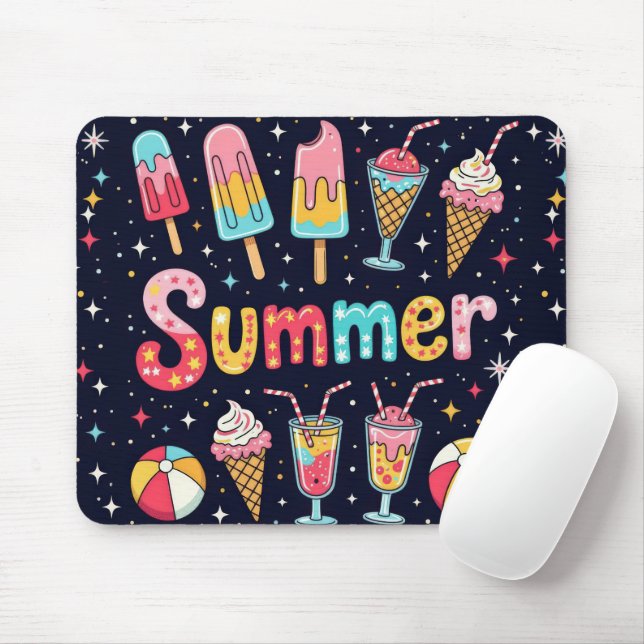 Fun Summer Graphics On Black Mouse Pad (With Mouse)