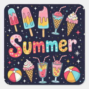 Fun Summer Graphics On Black Square Sticker