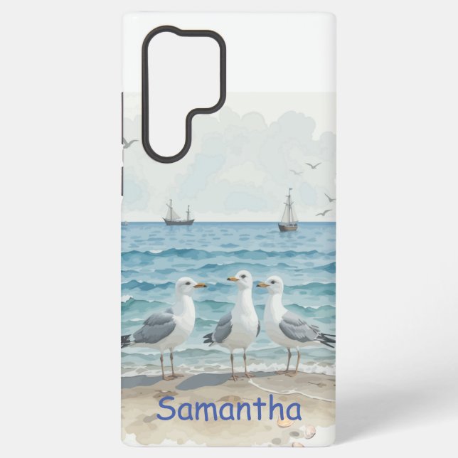 Fun Summer Holiday Sandy Beach Seagulls Samsung Galaxy S22 Ultra Case (Back)