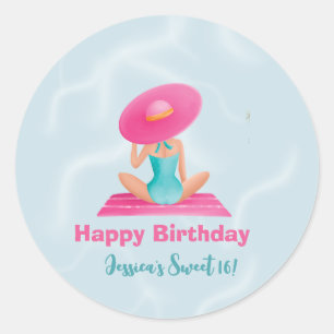 Fun Summer Pool Party Watercolor Sweet 16 Classic Round Sticker
