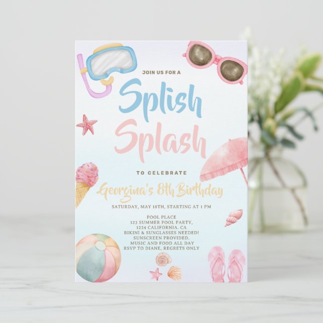 Fun summer Splish Splash Girl Birthday Invitation (Standing Front)