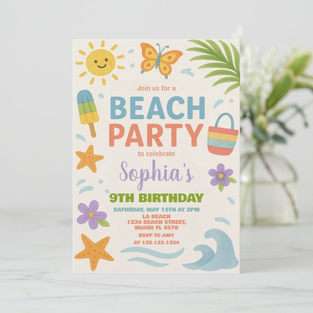 Fun Summer Theme with Waves, Sunshine & Playful Invitation (Standing Front)