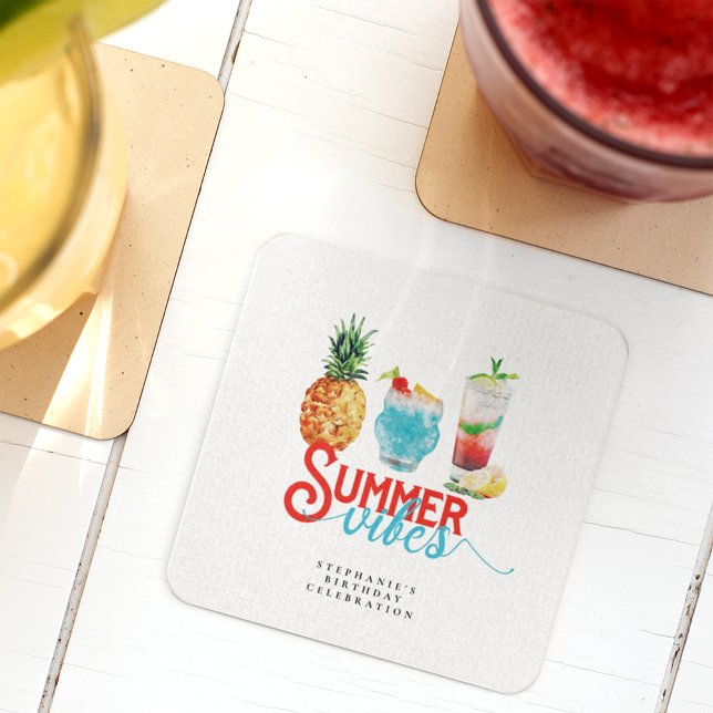 Fun Summer Vibes Vibrant Cocktails Birthday Party Square Paper Coaster (Creator Uploaded)