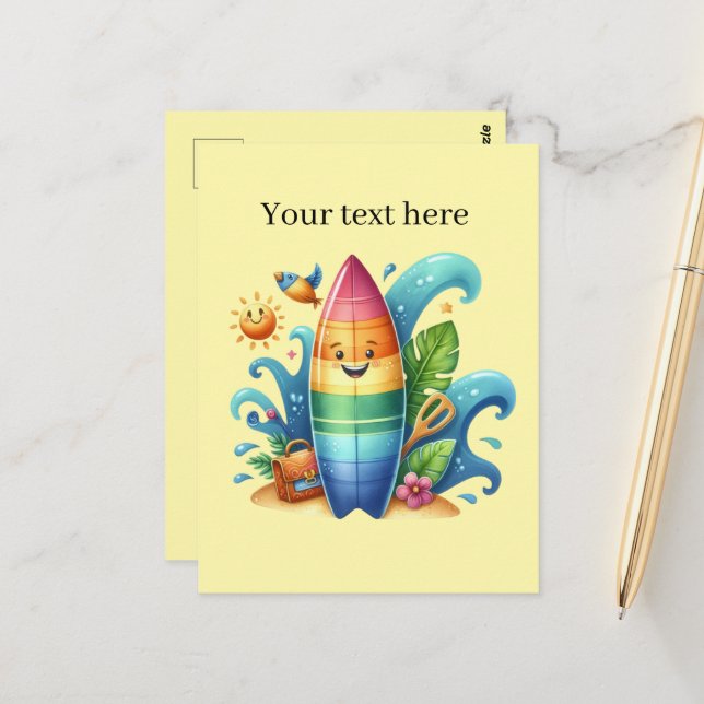 Fun Summertime customisable beach surfboard  Postcard (Front/Back In Situ)