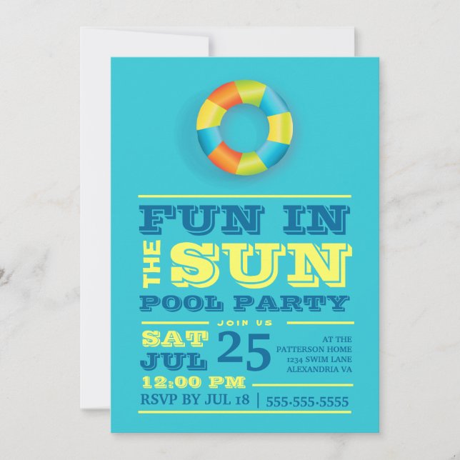 Fun Sun Pool Party Colourful Retro Invitation (Front)