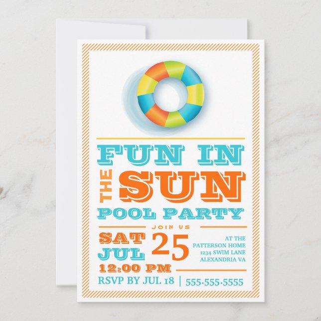 Fun Sun Pool Party Colourful Retro Invitation (Front)
