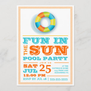 Fun Sun Pool Party Colourful Retro Invitation