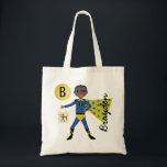 Fun Superhero Halloween Treats Monogram Name Tote Bag<br><div class="desc">This fun kids Halloween tote bag features a hand drawn boy, wearing a superhero costume. He's holding a tote bag for all of his treats... which just so happens to be the same design as this tote bag itself! Two text templates are included for a monogram initial and name. Other...</div>