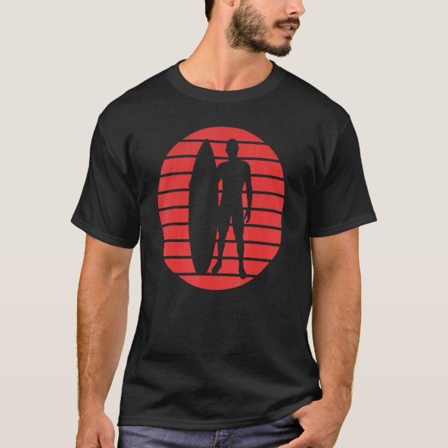Fun Surfer With Board Silhouette On A Red Sunset B T-Shirt (Front)
