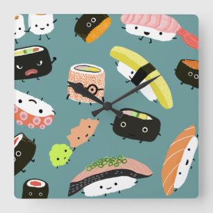 Fun Sushi Characters on Teal (Customisable) Square Wall Clock