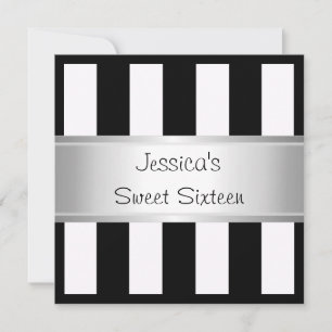 Fun Sweet 16 Black & White Stripes Silver Party Invitation