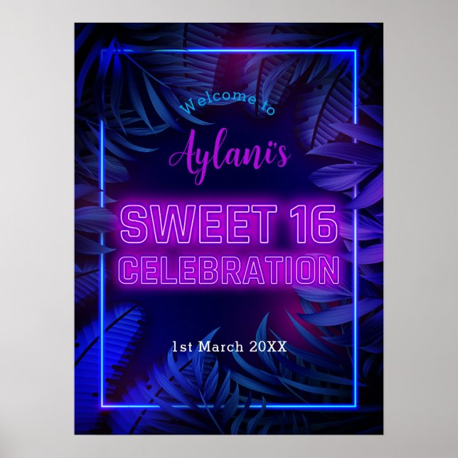 Fun Sweet 16 Neon Glow Birthday Party Welcome Poster (Front)