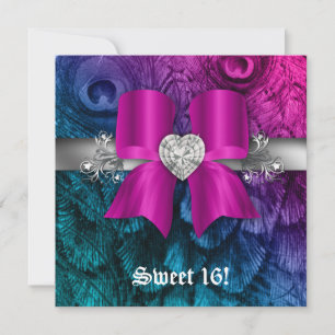 Fun Sweet 16 Party Invite Peacock Bow Pink Silver