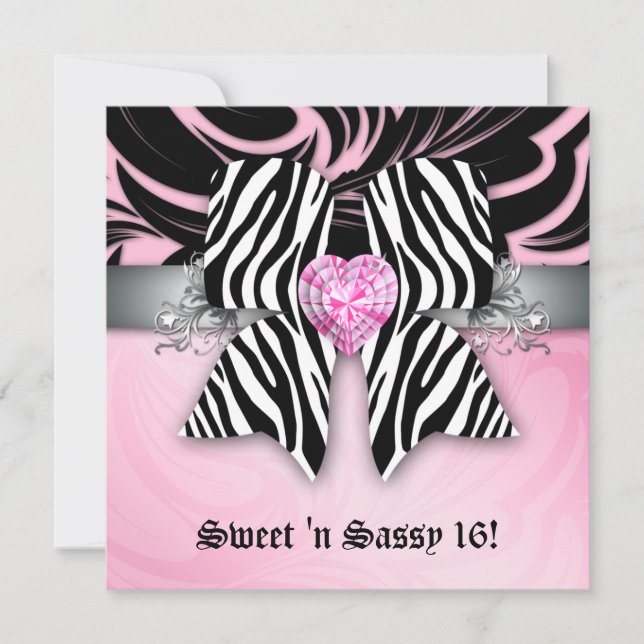 Fun Sweet 16 Party Invite Zebra Bow Pink Silver (Front)