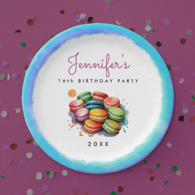 Fun Sweet Sixteen Colourful Blue Macaron Watercolo Paper Plate (Creator Uploaded)