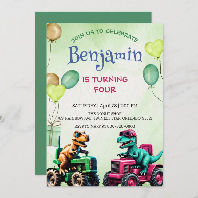 Fun t rex dinosaur tractor truck balloon Birthday (Front/Back)