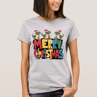 Fun T-rex Dinosaurs and Bold Merry Christmas Text T-Shirt