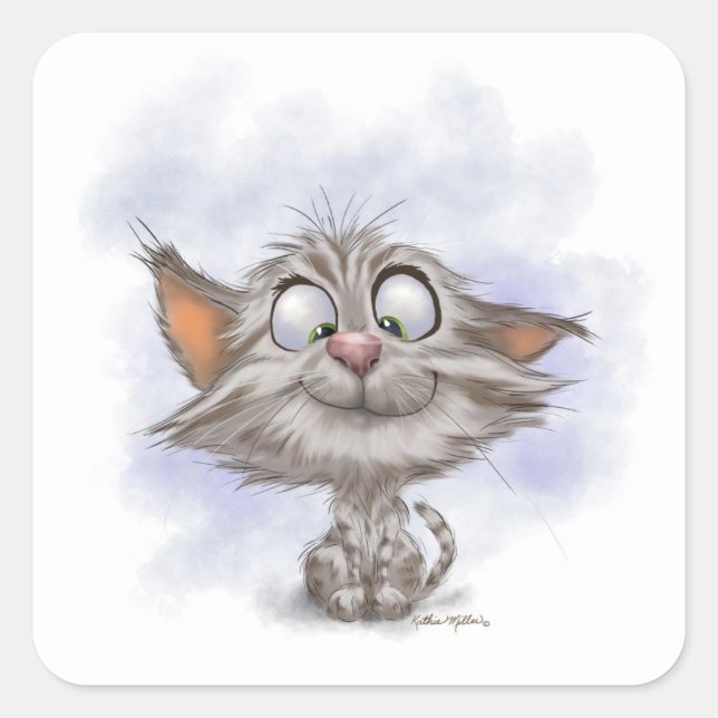 Fun Tabby Kitten Cartoon Square Sticker (Front)