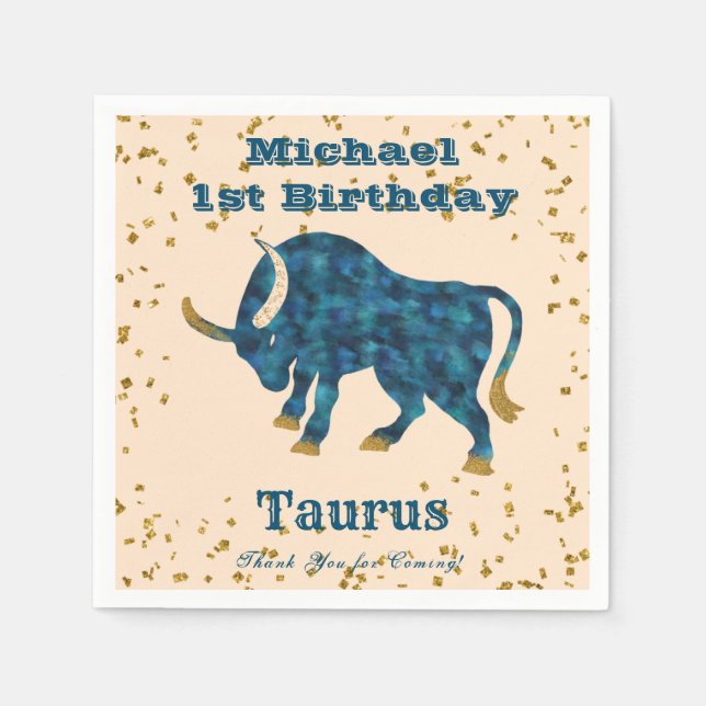 Fun Taurus First Birthday & Gold Confetti  Napkin (Front)