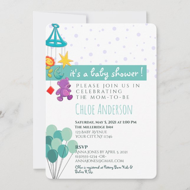 Fun Teal and Purple Mobile Baby Shower Invitation (Front)