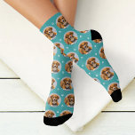 Fun Teal Blue Custom Dog Photo Paw Print Socks<br><div class="desc">Show off your favourite pup on these custom socks featuring a single dog photo in a round frame repeated across a teal blue background with white paw prints. Upload one photo of your dog or cat to create a one-of-a-kind gift. A great stocking stuffer, birthday surprise, or treat for any...</div>