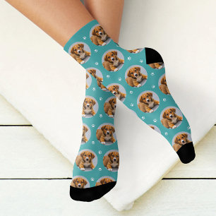 Fun Teal Blue Custom Dog Photo Paw Print Socks
