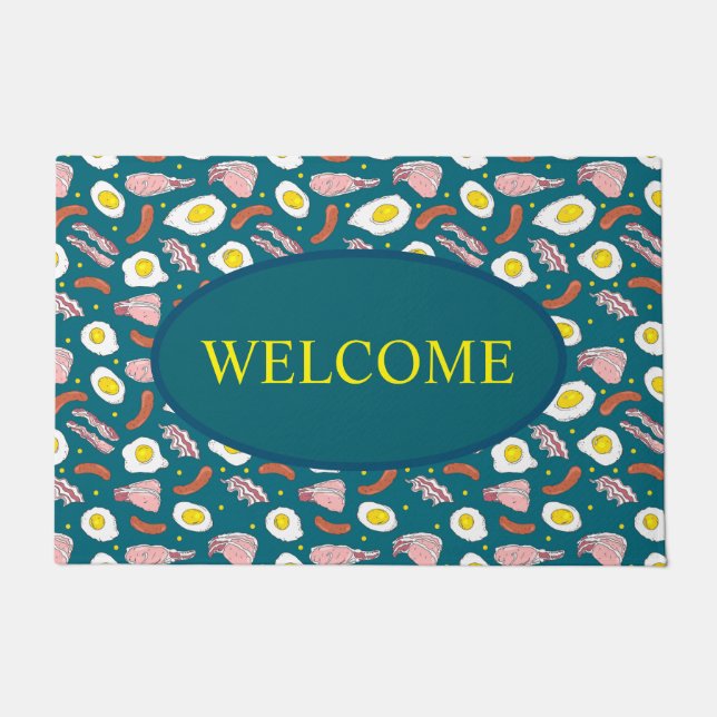 Fun Teal Blue Egg and Bacon Fried Breakfast Doormat (Front)