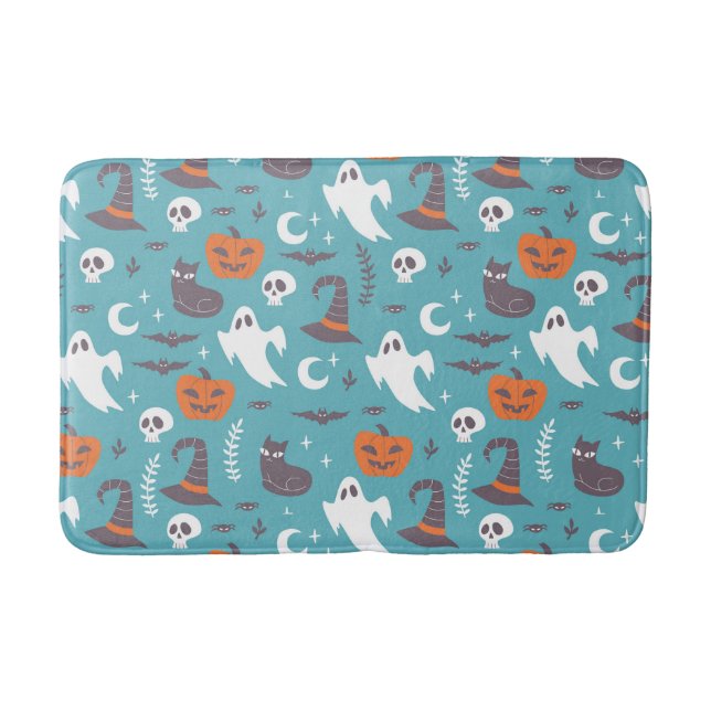 Fun Teal Doodle Halloween Pattern Bath Mat (Front)