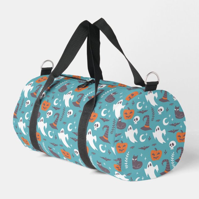Fun Teal Doodle Halloween Pattern Duffle Bag (Left Corner)