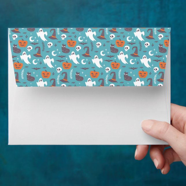 Fun Teal Doodle Halloween Pattern Envelope (Hand)