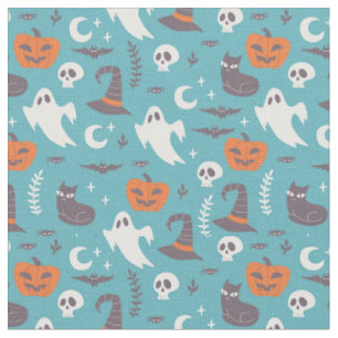Fun Teal Doodle Halloween Pattern Fabric
