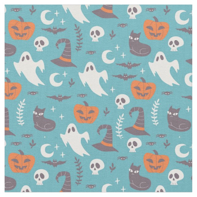 Fun Teal Doodle Halloween Pattern Fabric (Close Up)
