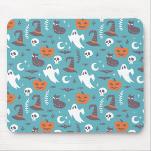 Fun Teal Doodle Halloween Pattern Mouse Pad