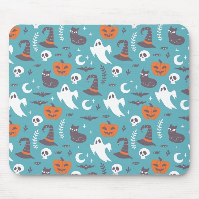 Fun Teal Doodle Halloween Pattern Mouse Pad (Front)
