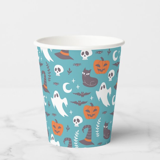 Fun Teal Doodle Halloween Pattern Paper Cups (Front)