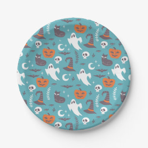 Fun Teal Doodle Halloween Pattern Paper Plate