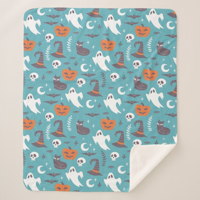 Fun Teal Doodle Halloween Pattern Sherpa Blanket (Front)