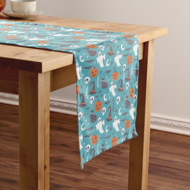 Fun Teal Doodle Halloween Pattern Short Table Runner (In Situ)