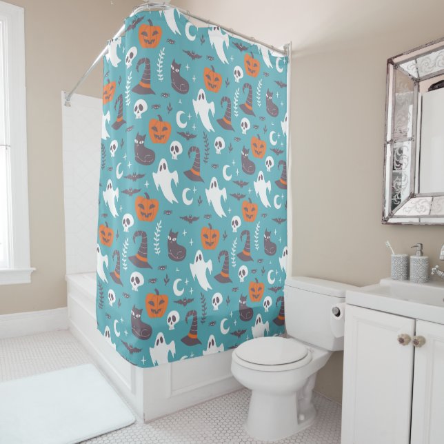 Fun Teal Doodle Halloween Pattern Shower Curtain (In Situ)