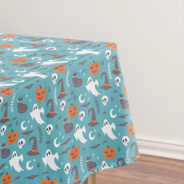 Fun Teal Doodle Halloween Pattern Tablecloth (In Situ)
