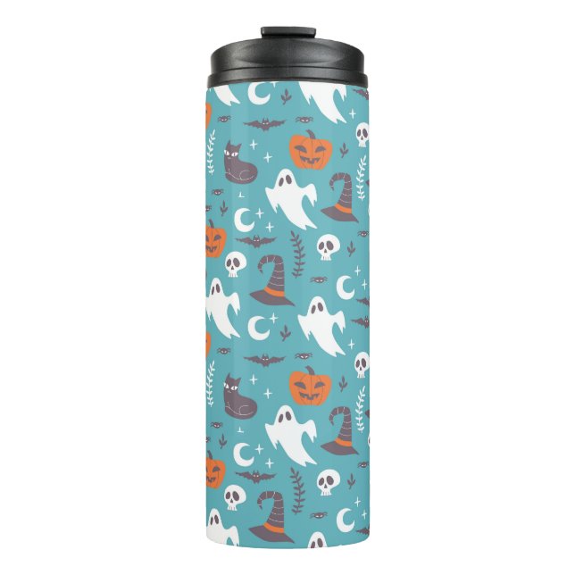 Fun Teal Doodle Halloween Pattern Thermal Tumbler (Front)