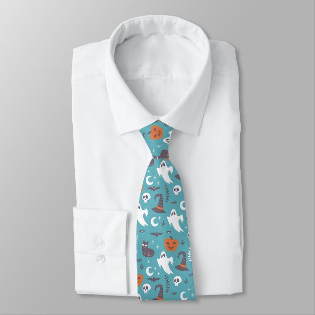 Fun Teal Doodle Halloween Pattern Tie (Tied)