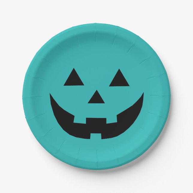 Fun teal jack o lantern pumpkin face Halloween Paper Plate (Front)