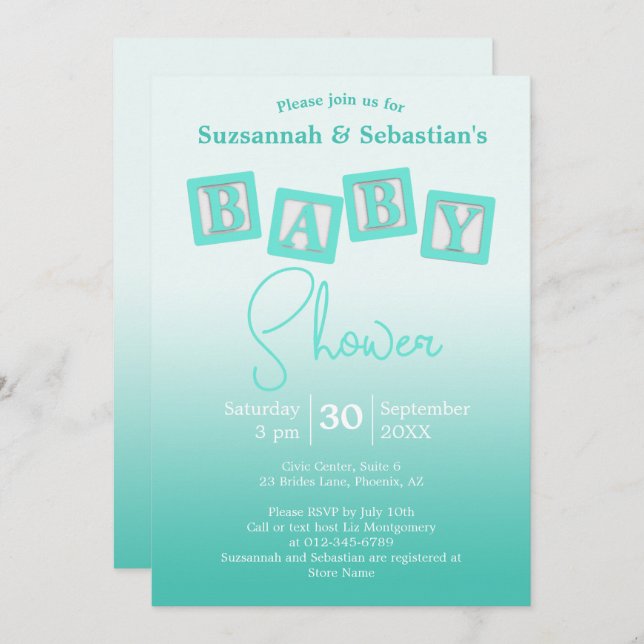 Fun Teal Ombre BABY Blocks Shower Invitation (Front/Back)